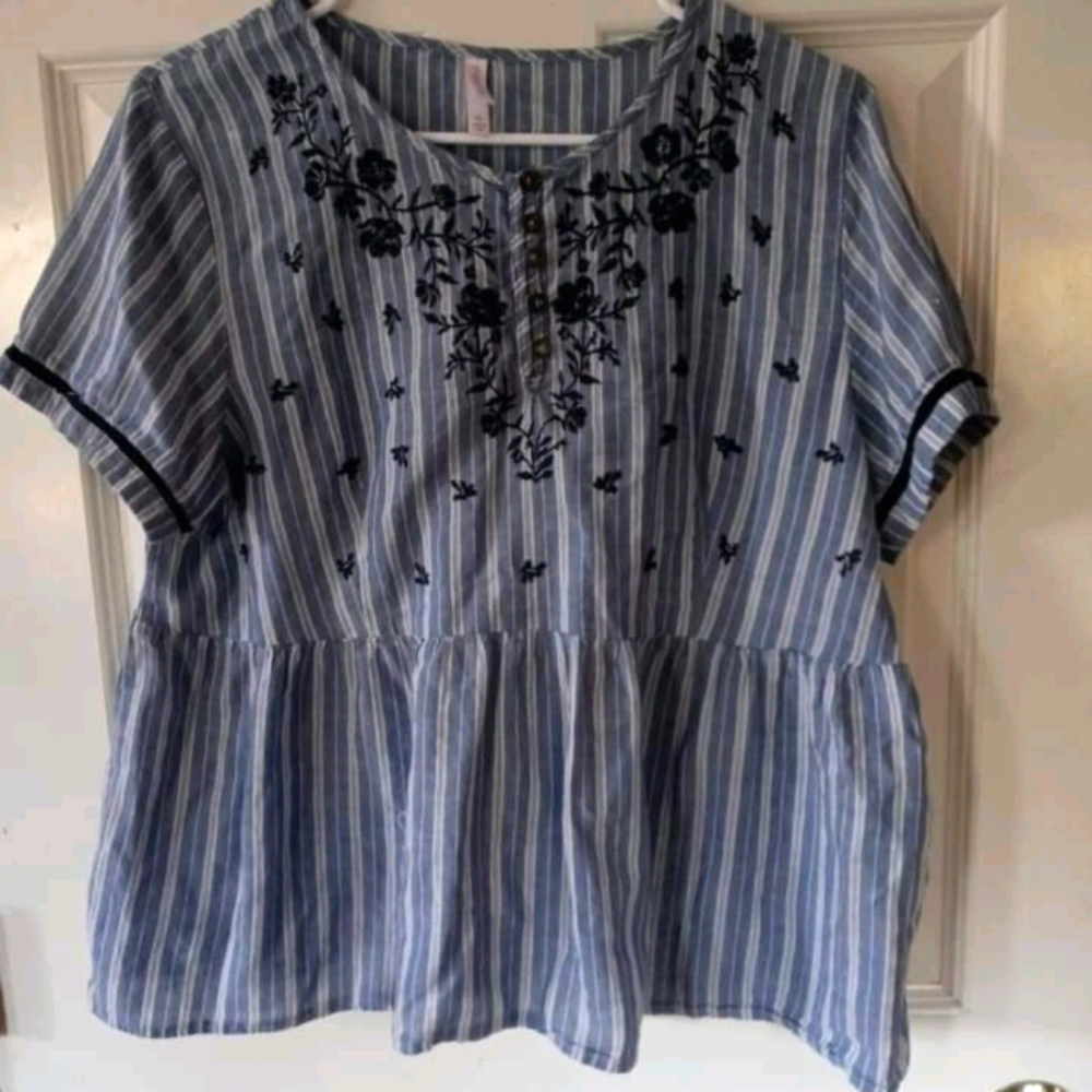 Embroidered Striped Lagenlook Boho Peasant Shirt